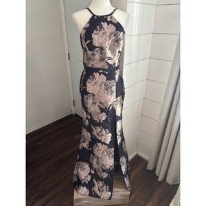 XSCAPE Dress Womens 8 Navy‎ Blush Halter Floral Jacquard Mermaid Gown XS9703